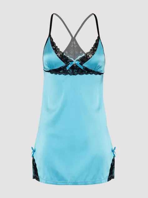 Lovehoney Plus Size Turquoise Satin and Lace Chemise Set