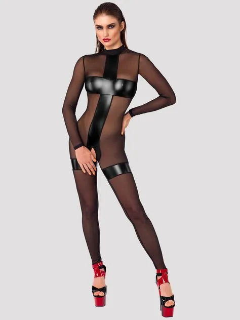 Noir Handmade Black Wetlook Crotchless Catsuit