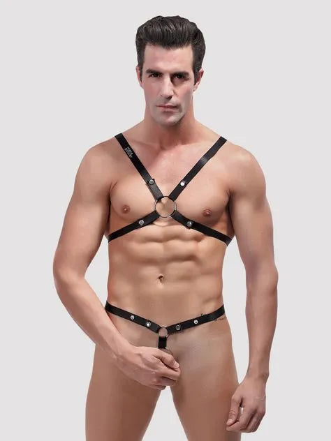 Male Power Shoulder Harness with C-Ring Waist Band Black
