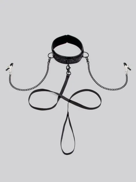 Bondage Boutique Black Rose Collar with Nipple Clamps