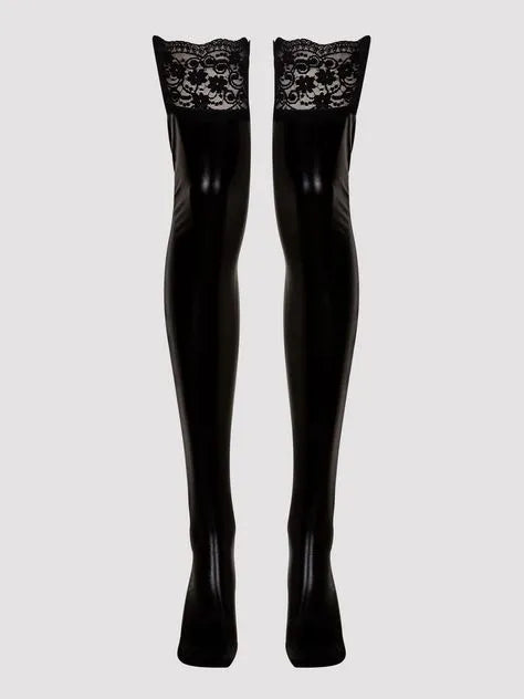 Lovehoney Fierce Plus Size Black Wet Look Thigh Highs with Lace Tops