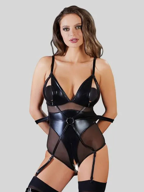 Cottelli Wet Look and Mesh Bondage Teddy with Arm Restraints