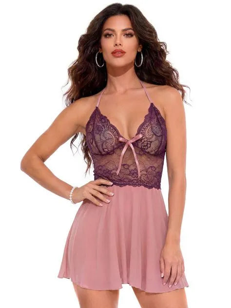 Escante Plum Lace and Mesh Babydoll Set