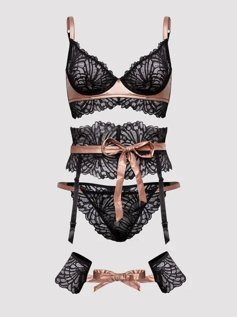 Lovehoney Plus Size Pearl Faux Leather and Lace Bra Set