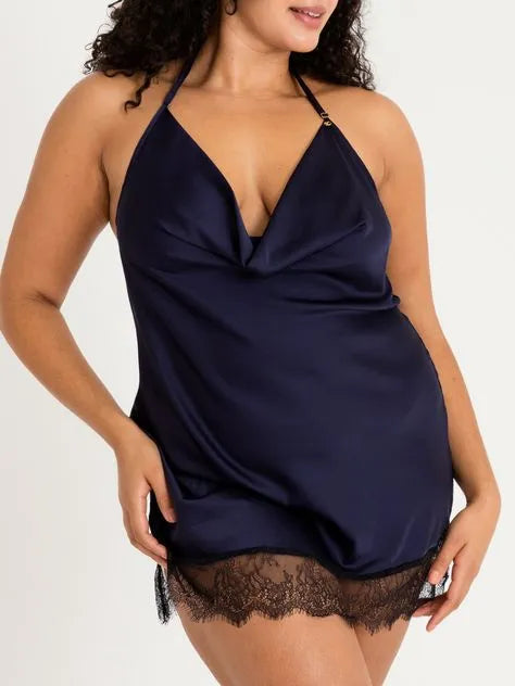 Lovehoney Plus Size Dark Orchid Navy Satin and Lace Chemise