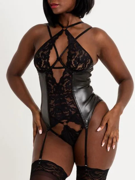 Lovehoney Fierce Romance Black Wet Look and Lace Bustier Set
