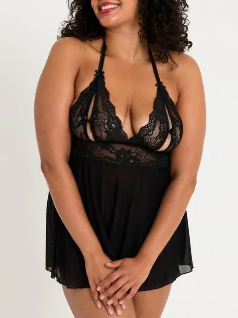 Lovehoney Plus Size Peek-a-Boo Black Lace Babydoll Set