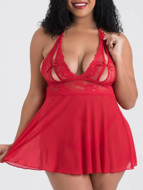 Lovehoney Plus Size Peek-a-Boo Red Lace Babydoll Set