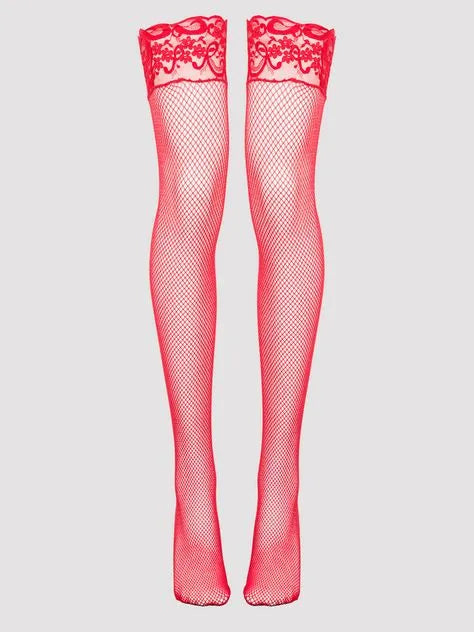 Lovehoney Plus Size Red Fishnet Lace Top Hold-Ups