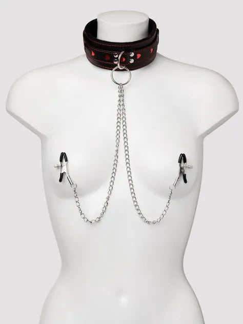 Bondage Boutique Heart Collar with Nipple Clamps and Chain