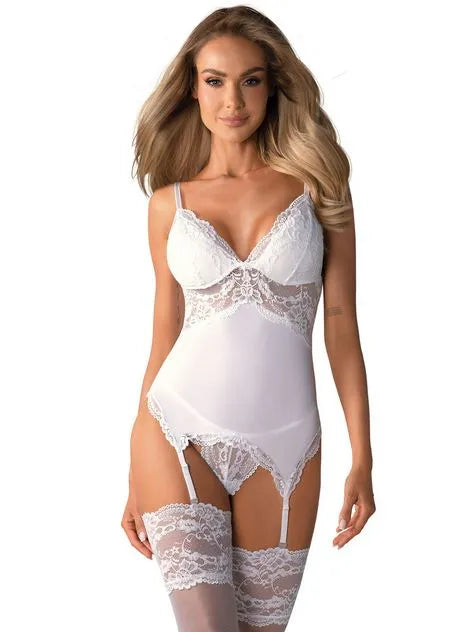 Obsessive White Lace Basque Set