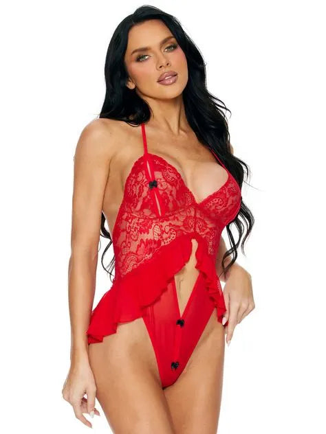 Escante Red Lace Peek-a-Boo Halterneck Crotchless Body