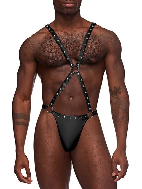 Male Power Black Studded Wet-Look Harness Thong