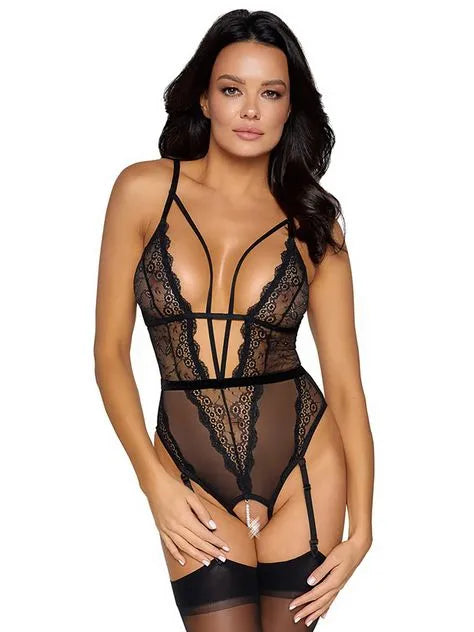 Cottelli Black Lace Pearl Crotchless Body