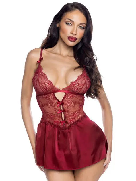 Roma Paradise Dream Burgundy Lace and Satin Babydoll Set