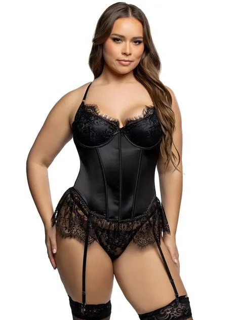 Roma Plus Size Black Eyelash Lace Stretch Satin Bustier Set