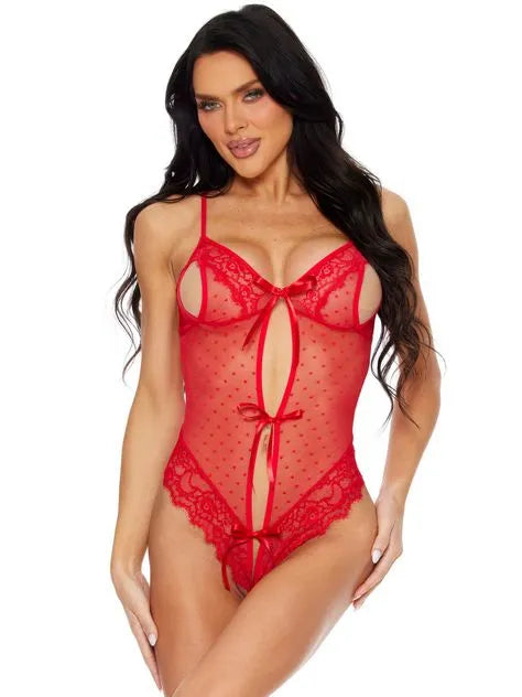 Lovehoney by Escante Desire Red Peek-a-boo Bow Tie and Spotted Mesh and Lace Crotchless Body