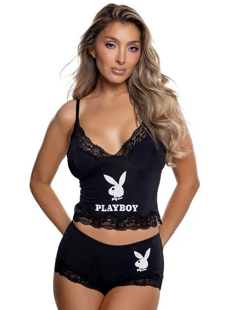 Playboy Black Lace Trim Bunny Lounge Set