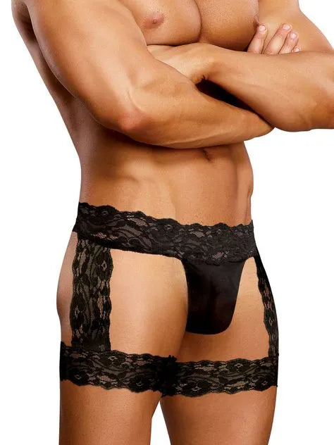 Male Power Black Lace Garter Thong